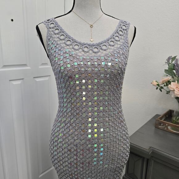 Women's Hand Crochet Sequin Sparkly Gown Shawl Silver S Formal Elegant DiscoLuxe - Picture 3 of 16